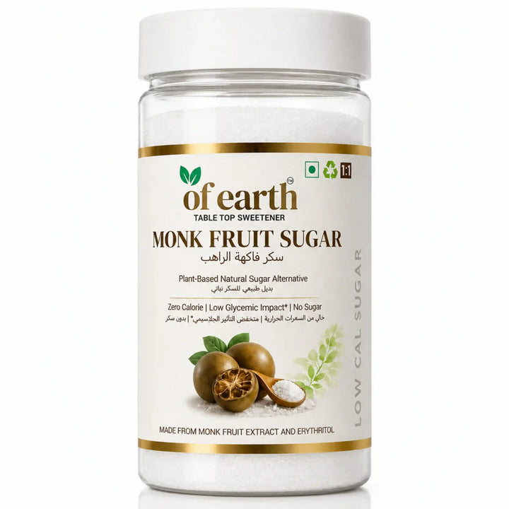Of Earth Monk Fruit Sweetener With Erythritol | Zero-Glycemic Index, Low Calorie Sugar Substitute | 1:1 Sugar Replacer for Tea, Coffee, Drinks, Cooking & Baking | Plant Based | Keto, Vegan & Diabetic Friendly | 200g