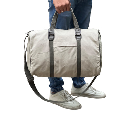 Mona B - Ice Grey 100% Cotton Canvas Duffel Gym Travel and Sports Bag with Outside Pocket and Stylish Design for Men and Women