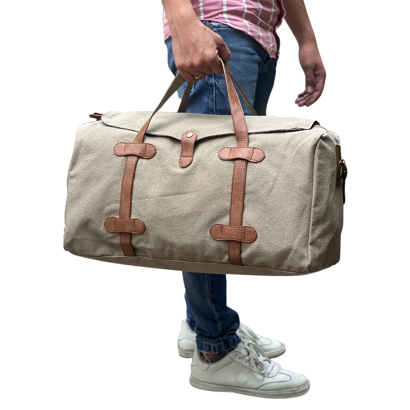 Mona B - Brown 100% Cotton Canvas Duffel Gym Travel and Sports Bag with Outside Zippered Pocket and Stylish Design for Men and Women