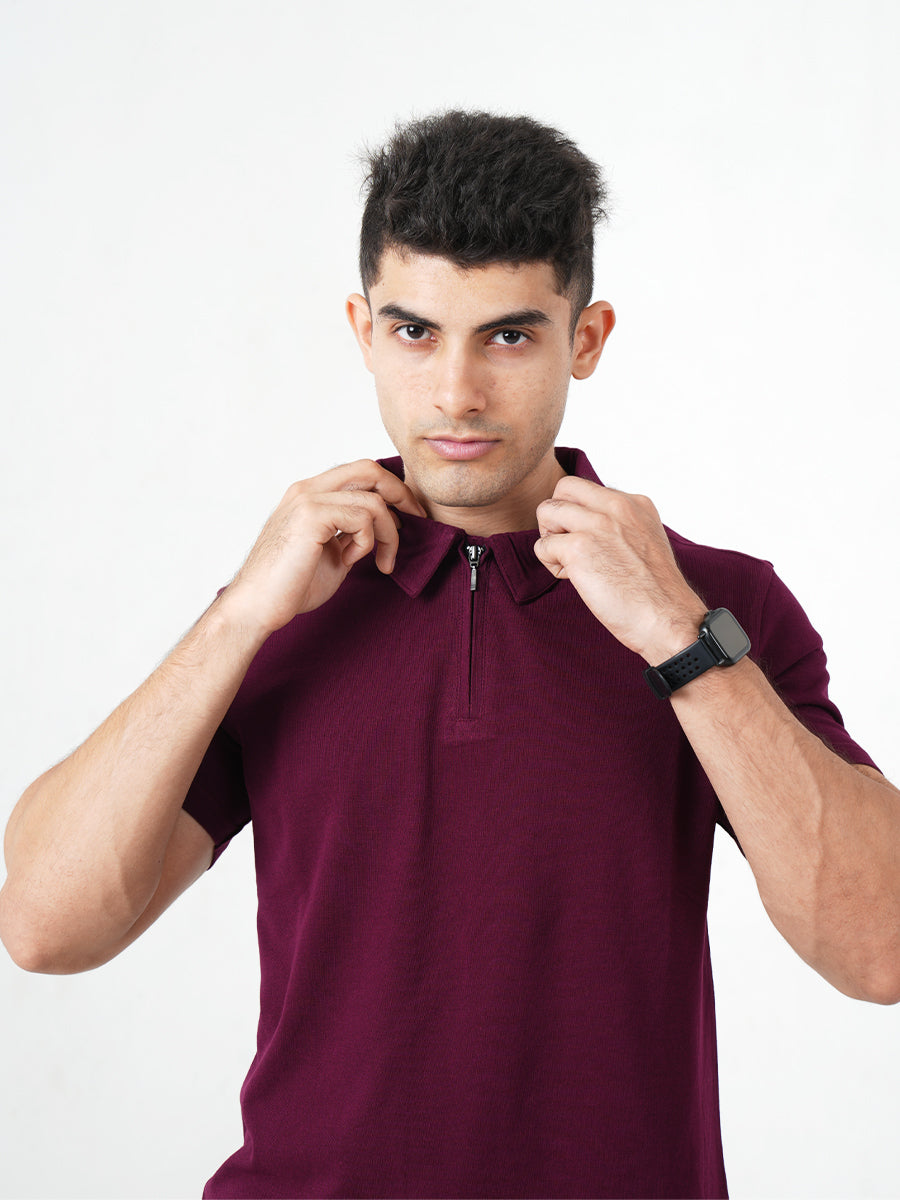 Monkstory Bamboo Cotton Zip-Polo Tee - Mauve Wine