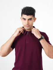 Monkstory Bamboo Cotton Zip-Polo Tee - Mauve Wine