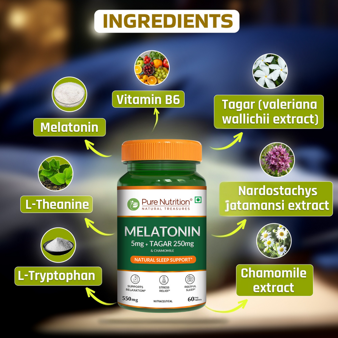 Melatonin with Tagar, Chamomile & L-Theanine  Natural Sleep Support Tablets