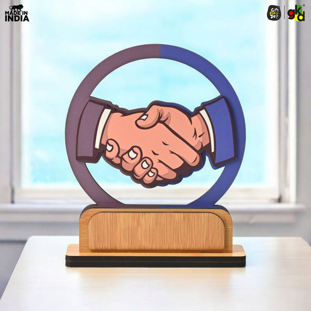 Wooden Handshake Memento Trophy | DIY Customizable Partnership Award for Corporate Gifts, Dealer Meets & Business Achievements | Add Your Own Sticker or Text