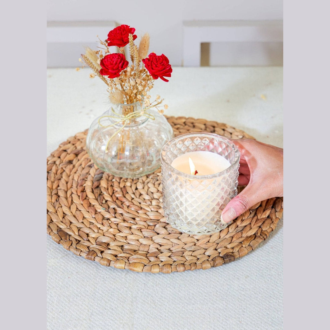 Mini glass bottle vase with red velvet dried flower bunch