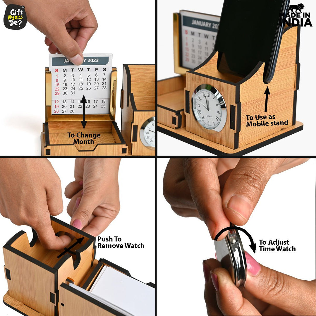 Gift Kya De Mini Desk Organizer with Clock & Calendar 2025 | Desk Calendar | Desk Accessories