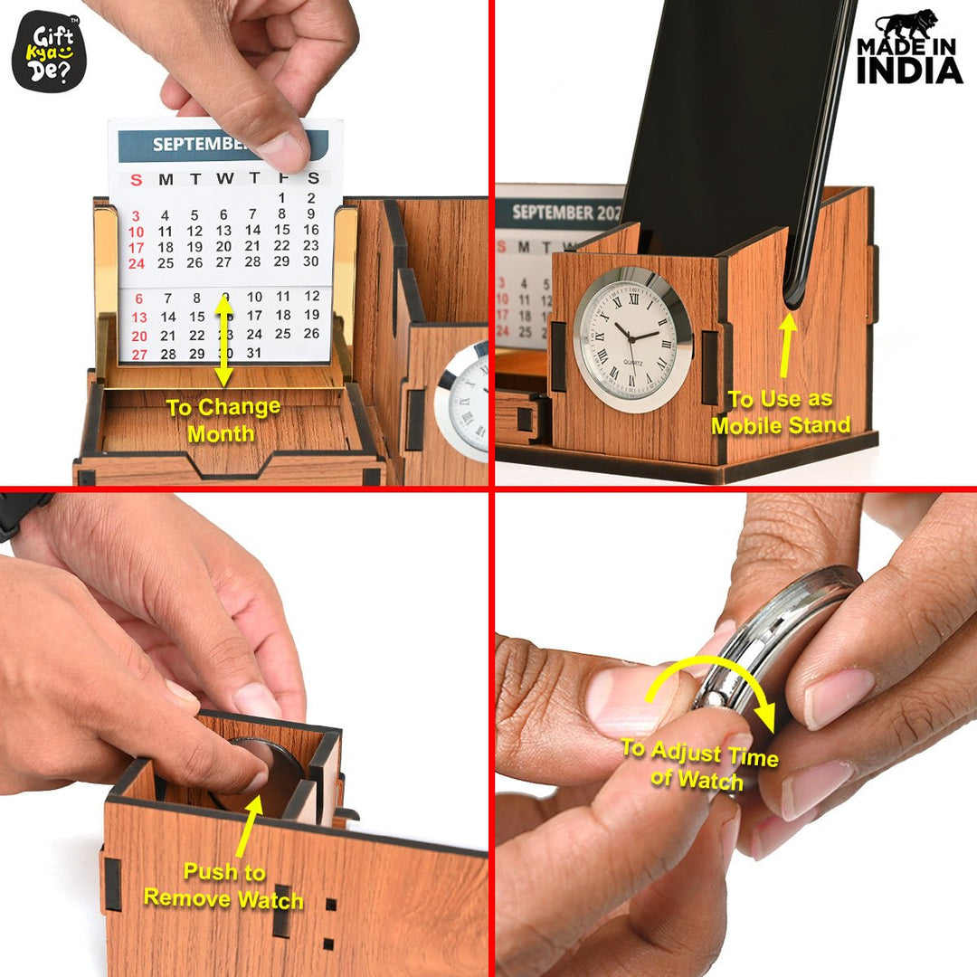 Gift Kya De Mini Desk Organizer with Clock & Calendar 2025 | Desk Calendar | Desk Accessories