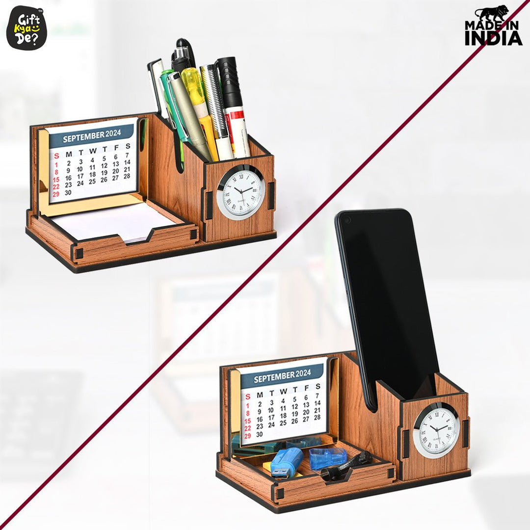 Gift Kya De Mini Desk Organizer with Clock & Calendar 2025 | Desk Calendar | Desk Accessories
