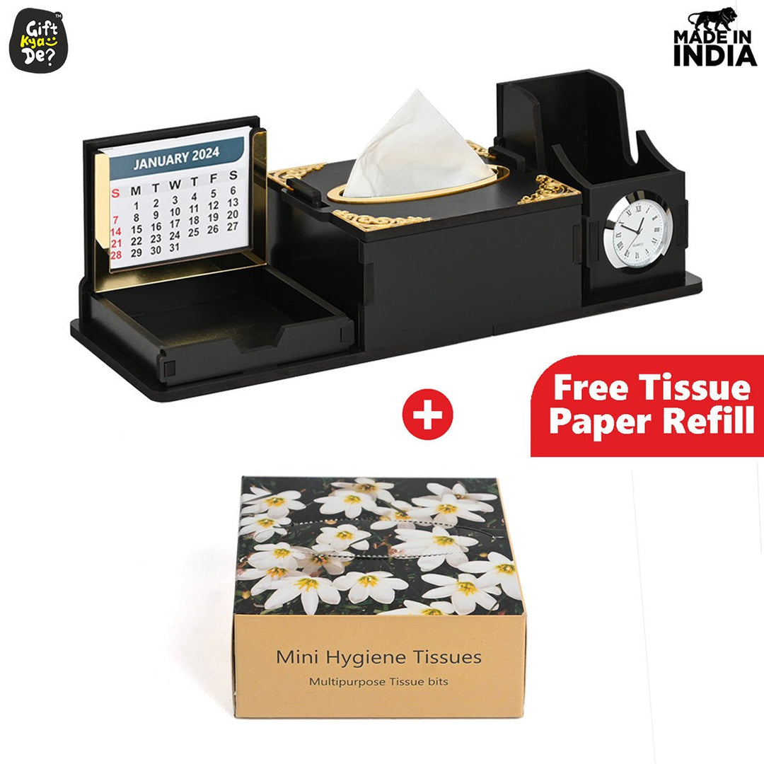 Gift Kya De Desk Organizer With Clock and Calendar 2025 | Calendar With Tissue Box Holder | Free Tissue Paper Refill Pack (Ecofriendly)