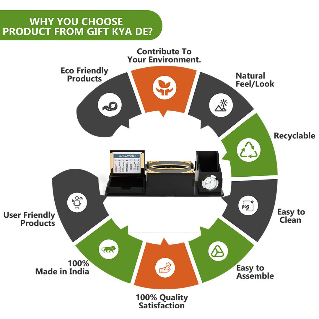Gift Kya De Desk Organizer With Clock and Calendar 2025 | Calendar With Tissue Box Holder | Free Tissue Paper Refill Pack (Ecofriendly)