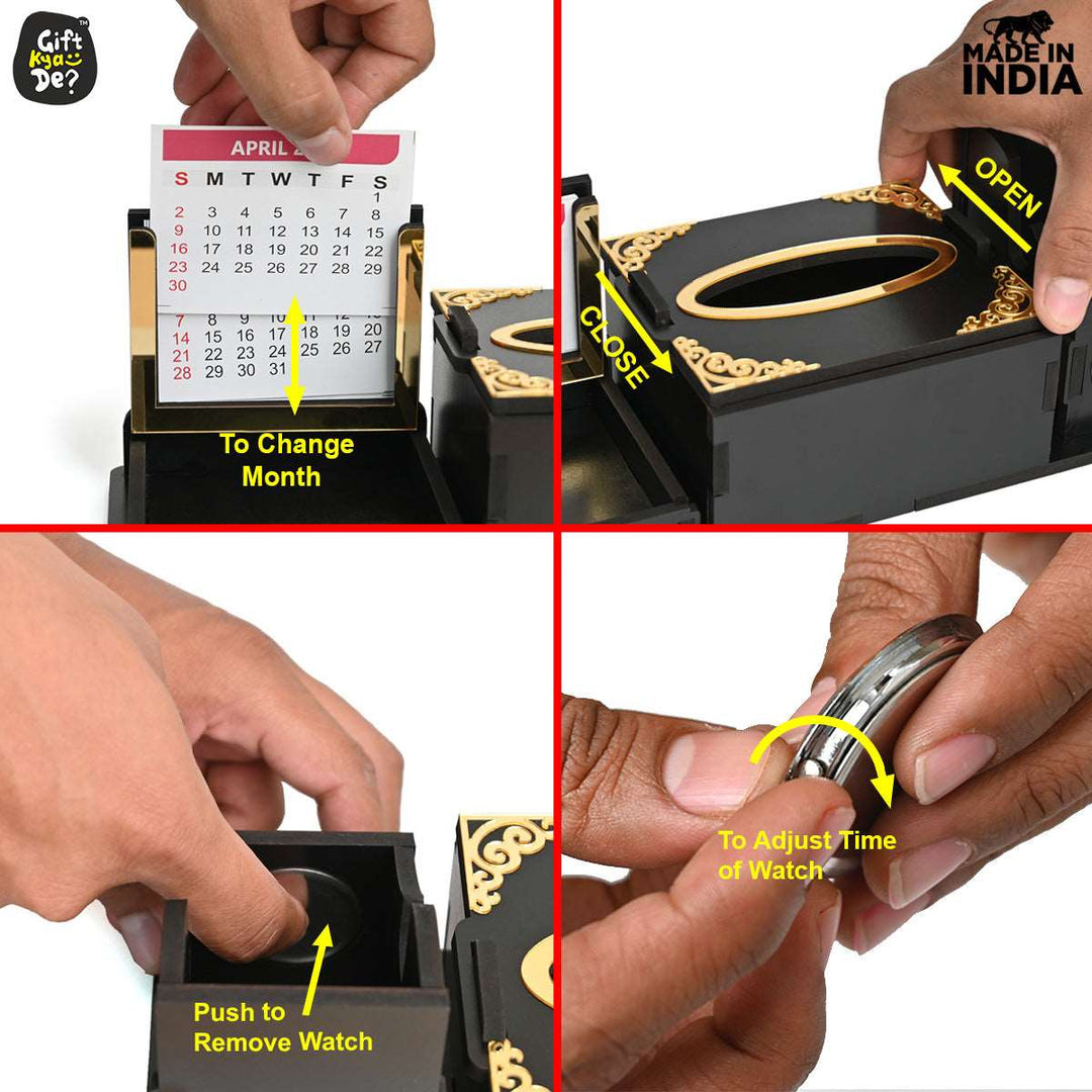 Gift Kya De Desk Organizer With Clock and Calendar 2025 | Calendar With Tissue Box Holder | Free Tissue Paper Refill Pack (Ecofriendly)