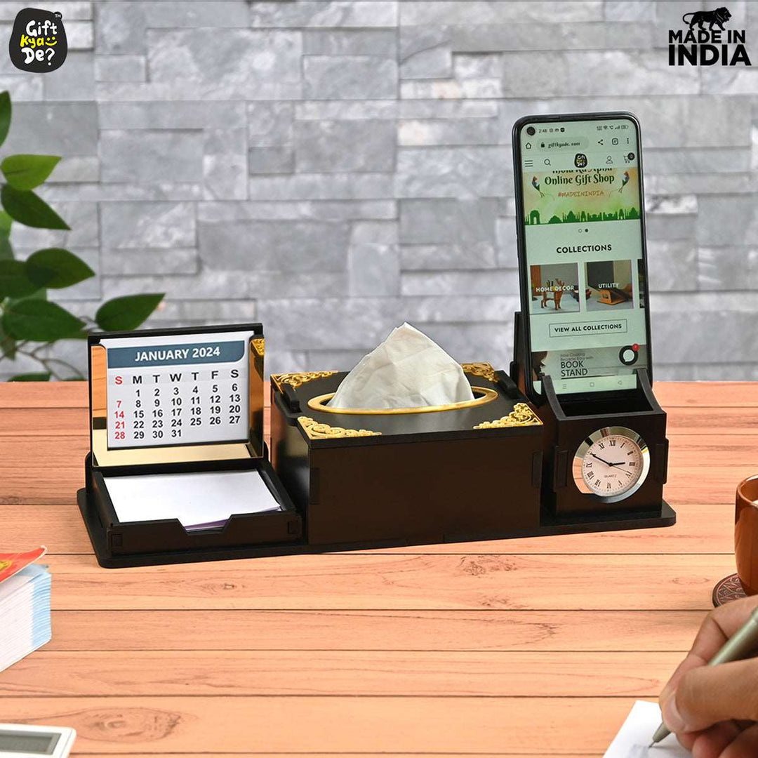 Gift Kya De Desk Organizer With Clock and Calendar 2025 | Calendar With Tissue Box Holder | Free Tissue Paper Refill Pack (Ecofriendly)