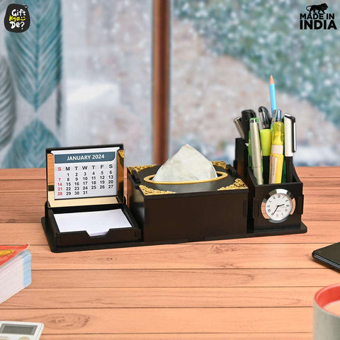 Gift Kya De Desk Organizer With Clock and Calendar 2025 | Calendar With Tissue Box Holder | Free Tissue Paper Refill Pack (Ecofriendly)