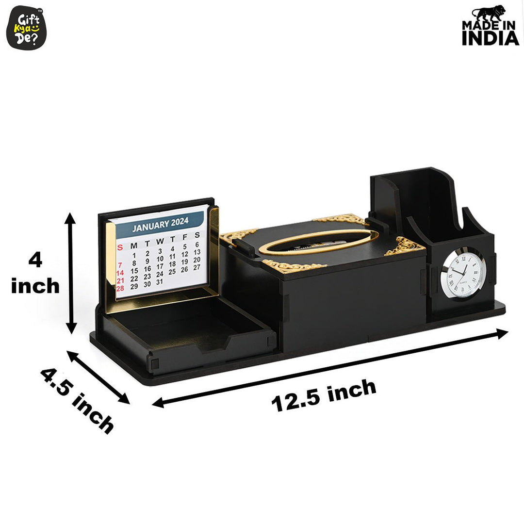 Gift Kya De Desk Organizer With Clock and Calendar 2025 | Calendar With Tissue Box Holder | Free Tissue Paper Refill Pack (Ecofriendly)