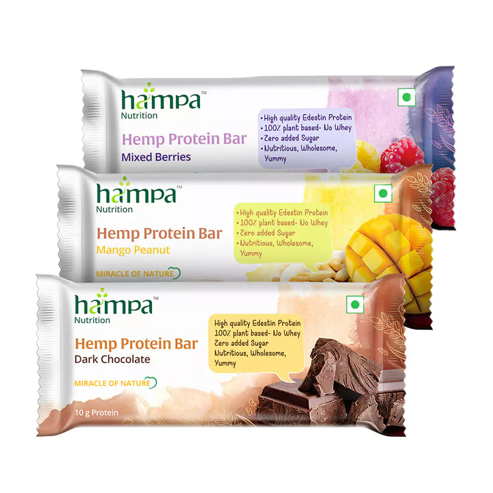 Hampa Hemp Protein Bars Pack of 3 - Dark Chocolate, Mango Peanut & Mixed Berries Flavours