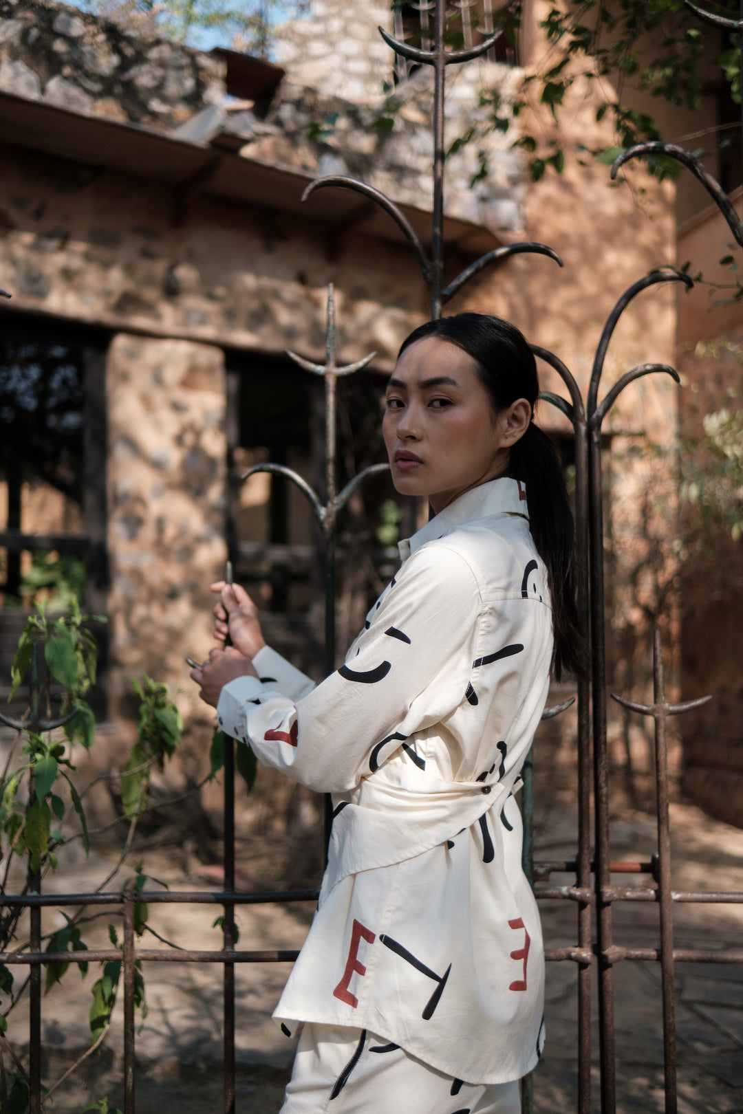 The Terra Tribe Ecru Line Printed Seattle Wrap Shirt