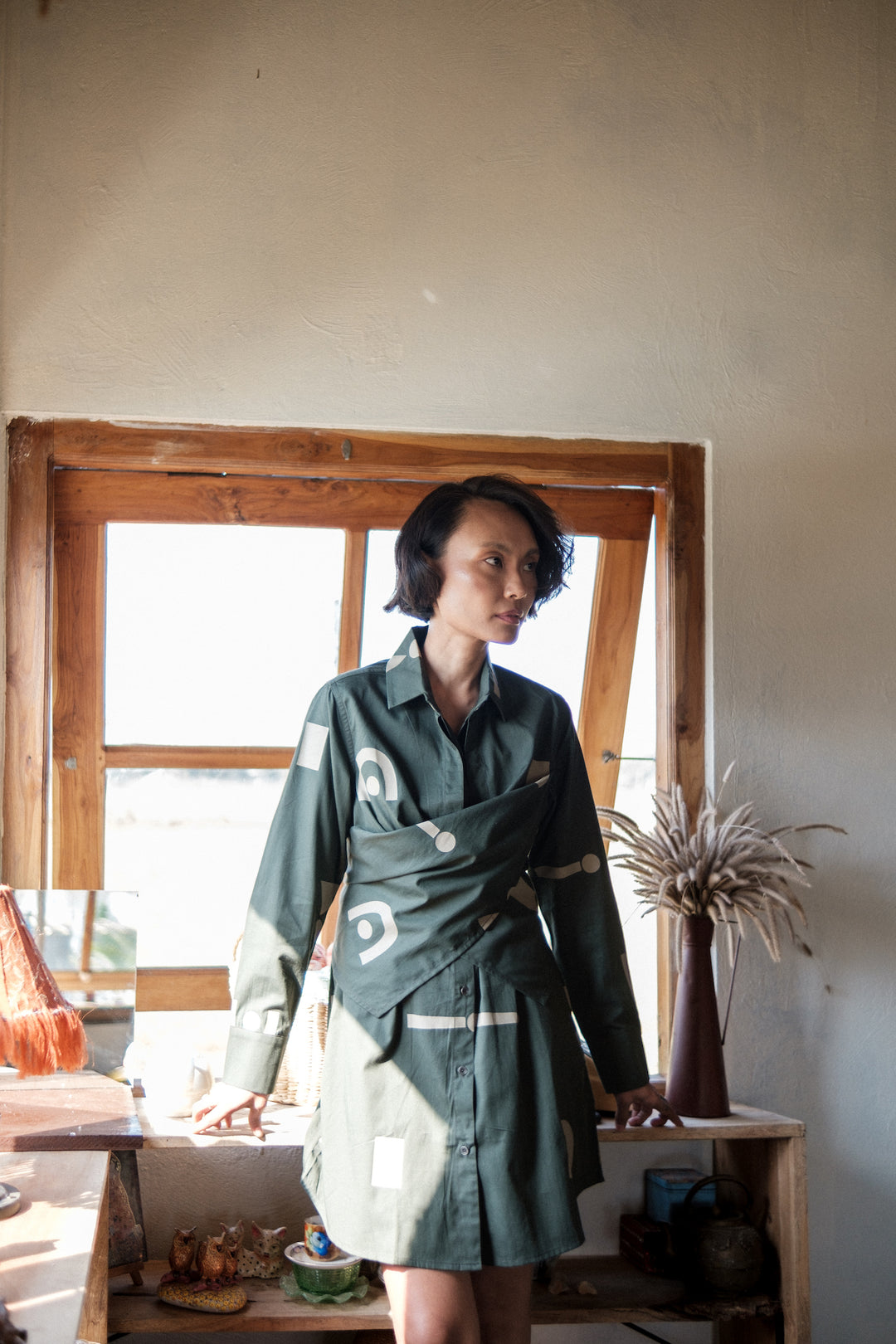 The Terra Tribe Deep Green Triangle Printed Seattle Wrap Shirt Dress