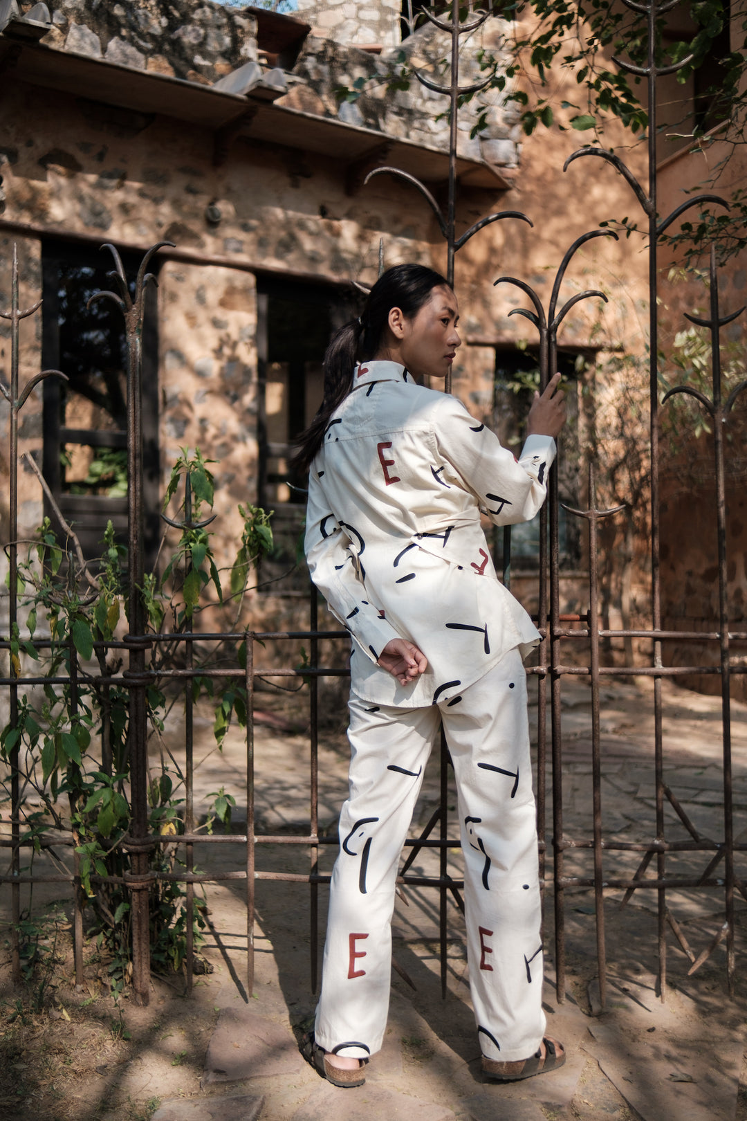 The Terra Tribe Ecru Line Printed Sandra Straight Pants