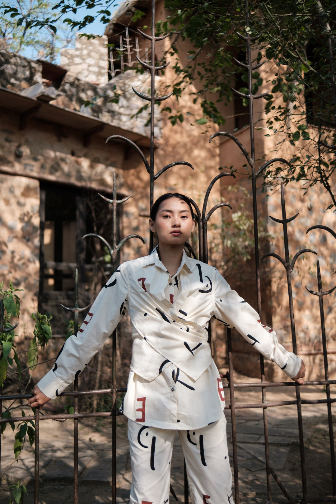 The Terra Tribe Ecru Line Printed Seattle Wrap Shirt