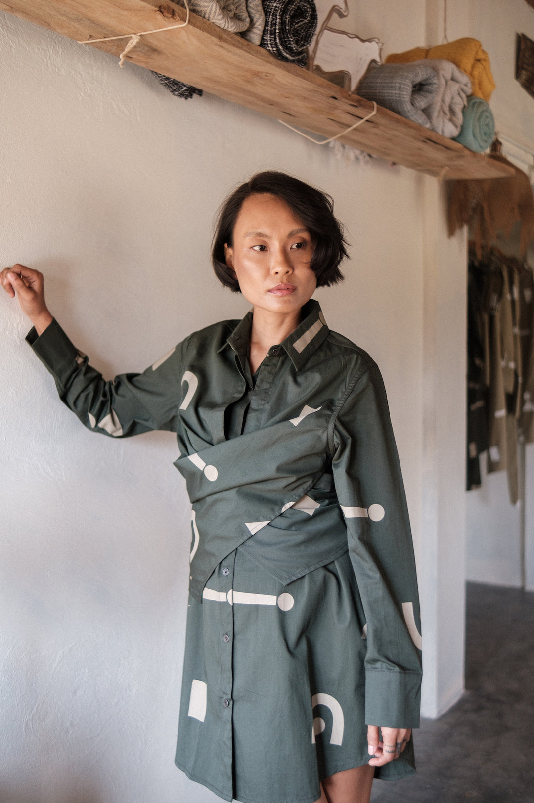 The Terra Tribe Deep Green Triangle Printed Seattle Wrap Shirt Dress