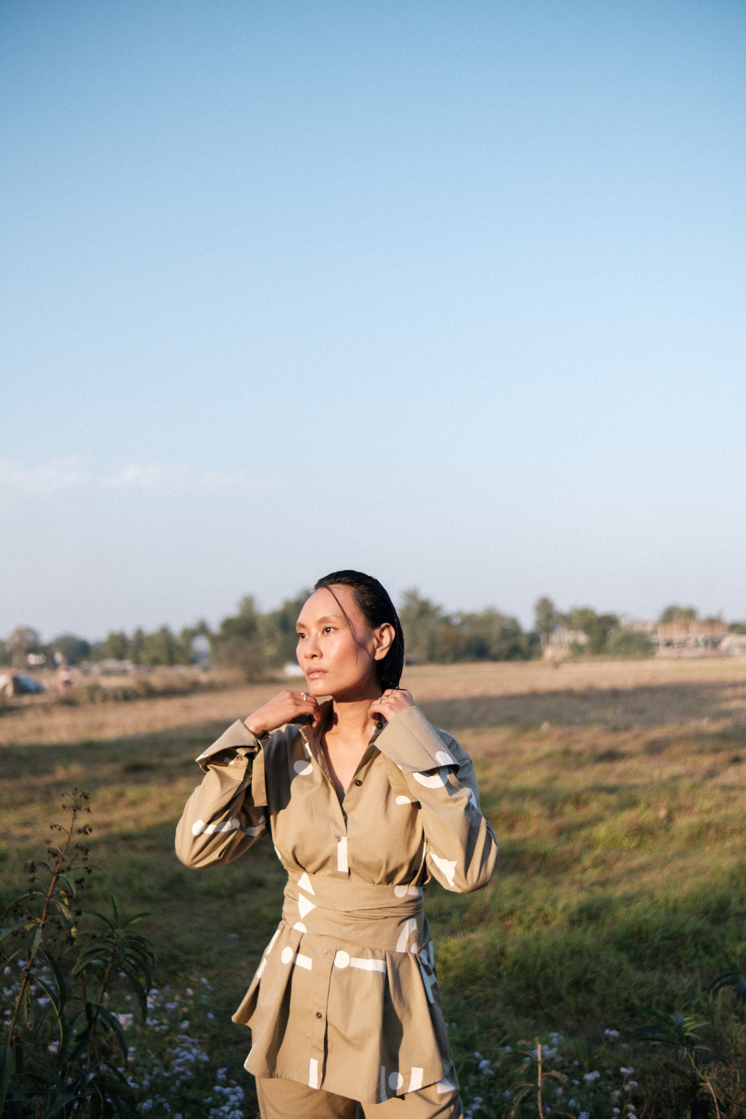 The Terra Tribe Khaki Triangle Printed Nara Front Knot Shirt