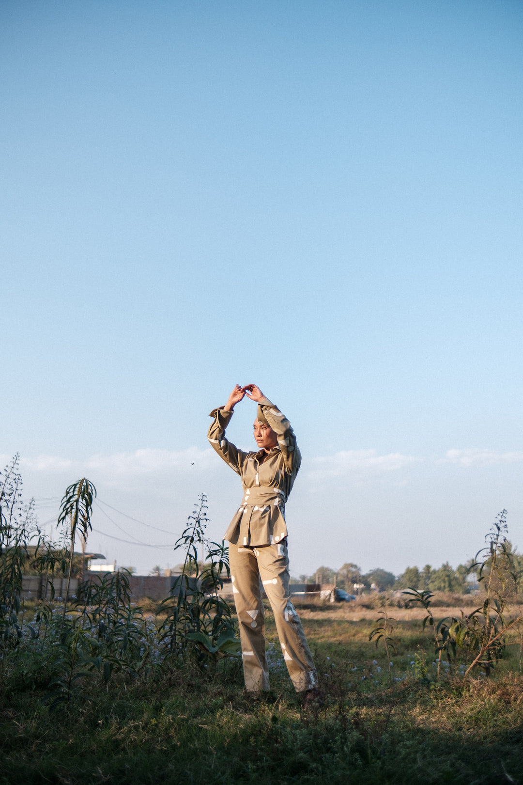 The Terra Tribe Khaki Triangle Printed Nara Front Knot Shirt