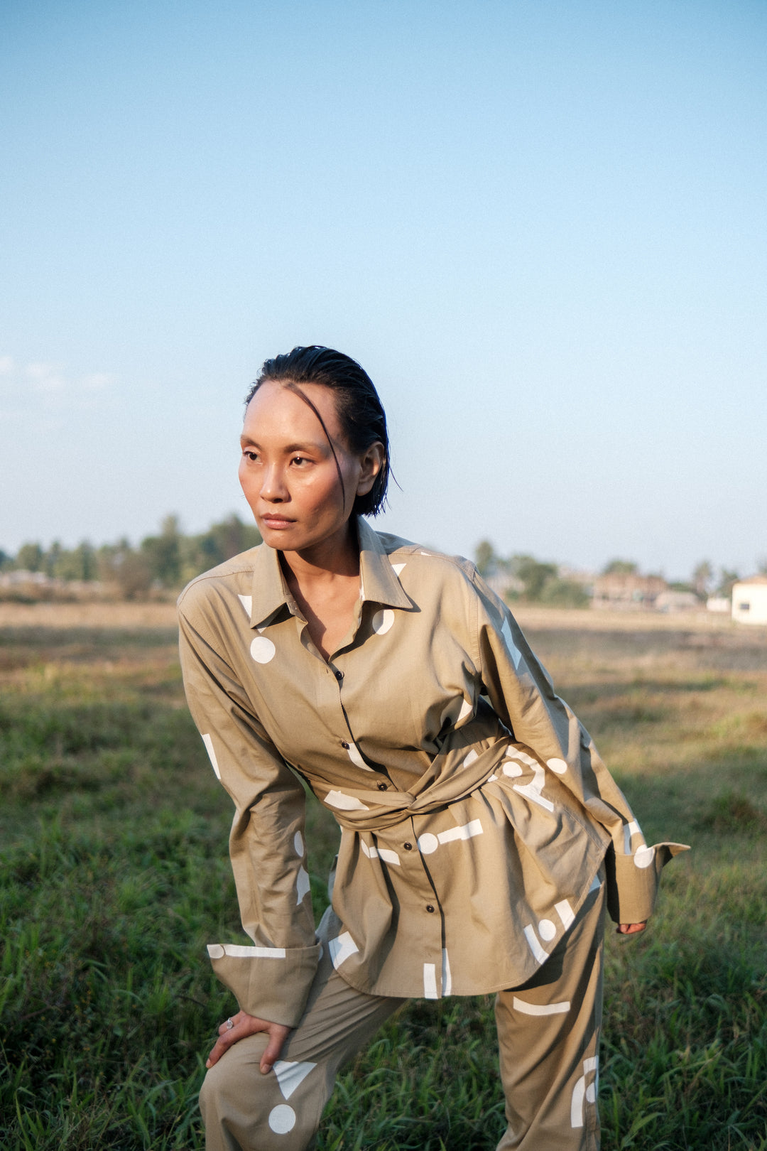 The Terra Tribe Khaki Triangle Printed Nara Front Knot Shirt