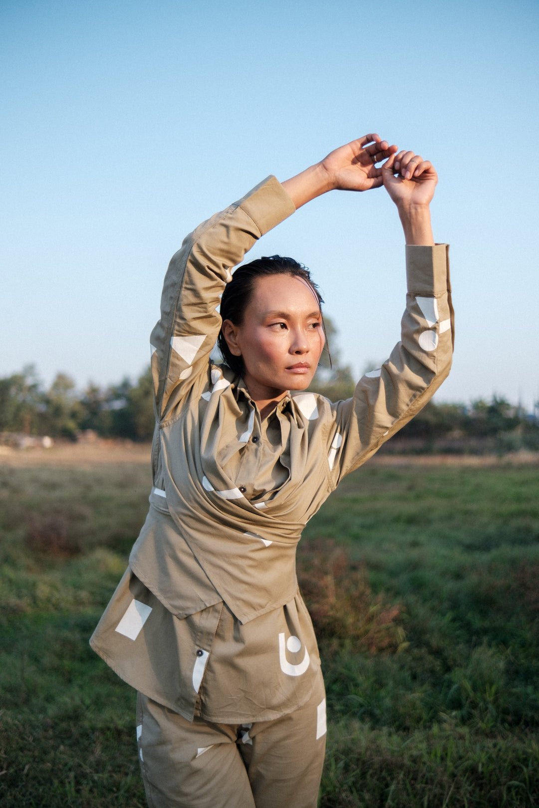 The Terra Tribe Khaki Triangle Printed Seattle Wrap Shirt