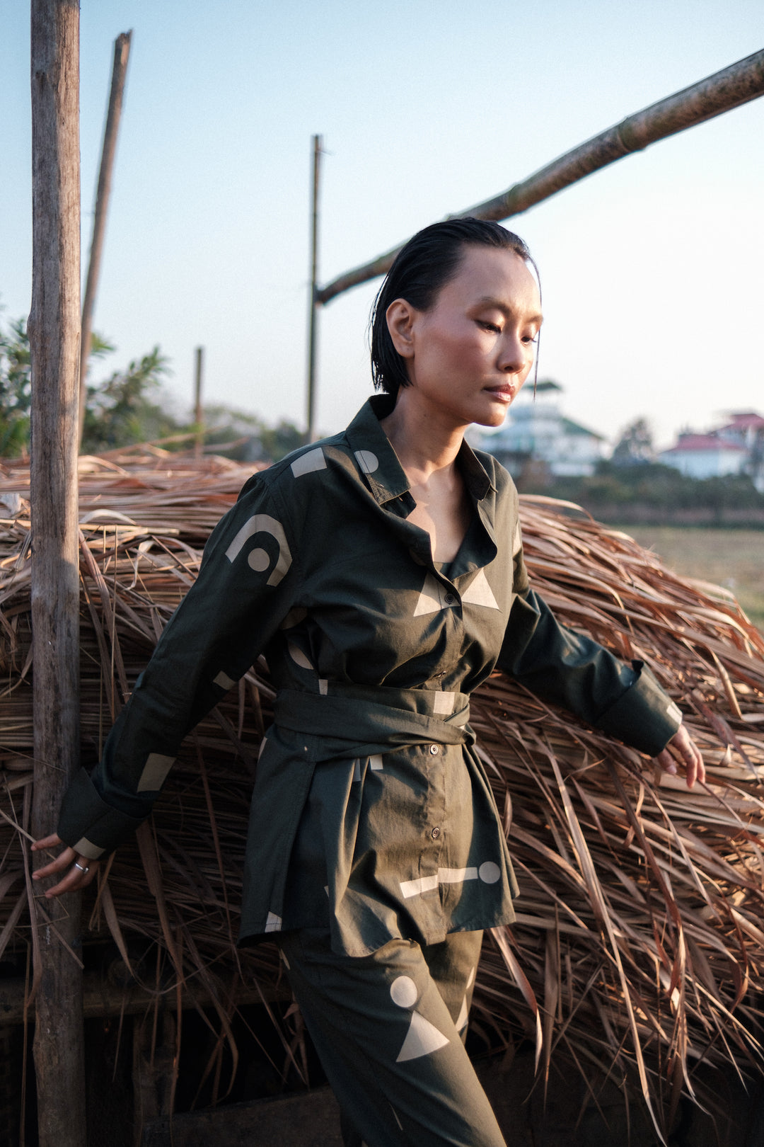 The Terra Tribe Deep Green Triangle Printed Nara Front Knot Shirt