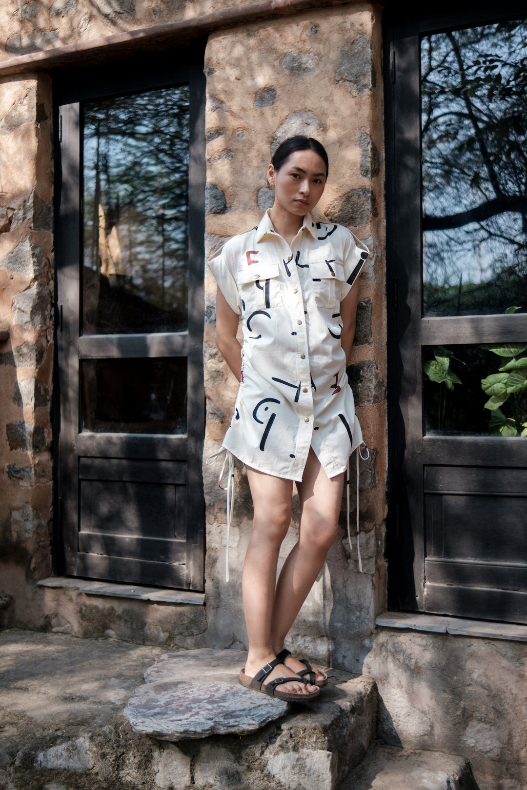 The Terra Tribe Ecru Line Printed Sunrise Gather Shirt