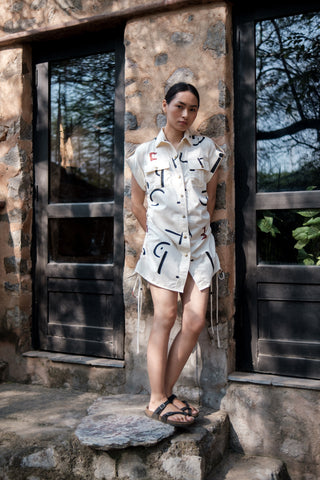 The Terra Tribe Ecru Line Printed Sunrise Gather Shirt