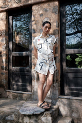 The Terra Tribe Ecru Line Printed Sunrise Gather Shirt