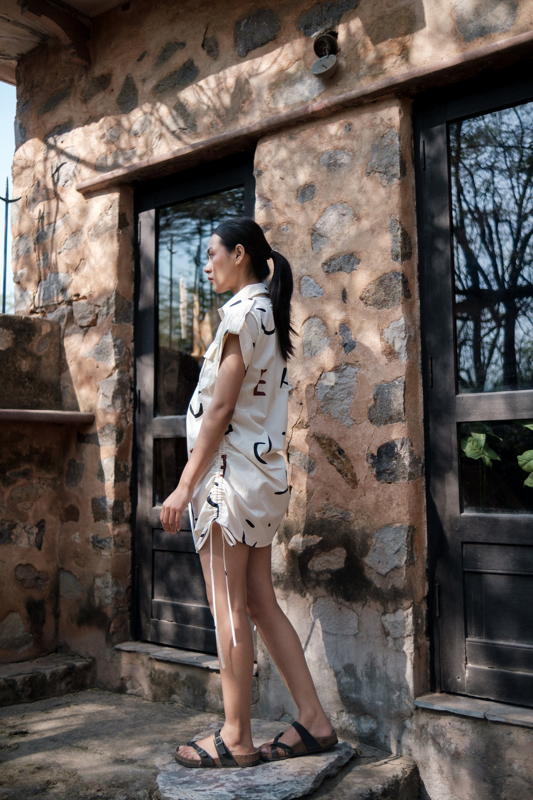 The Terra Tribe Ecru Line Printed Sunrise Gather Shirt