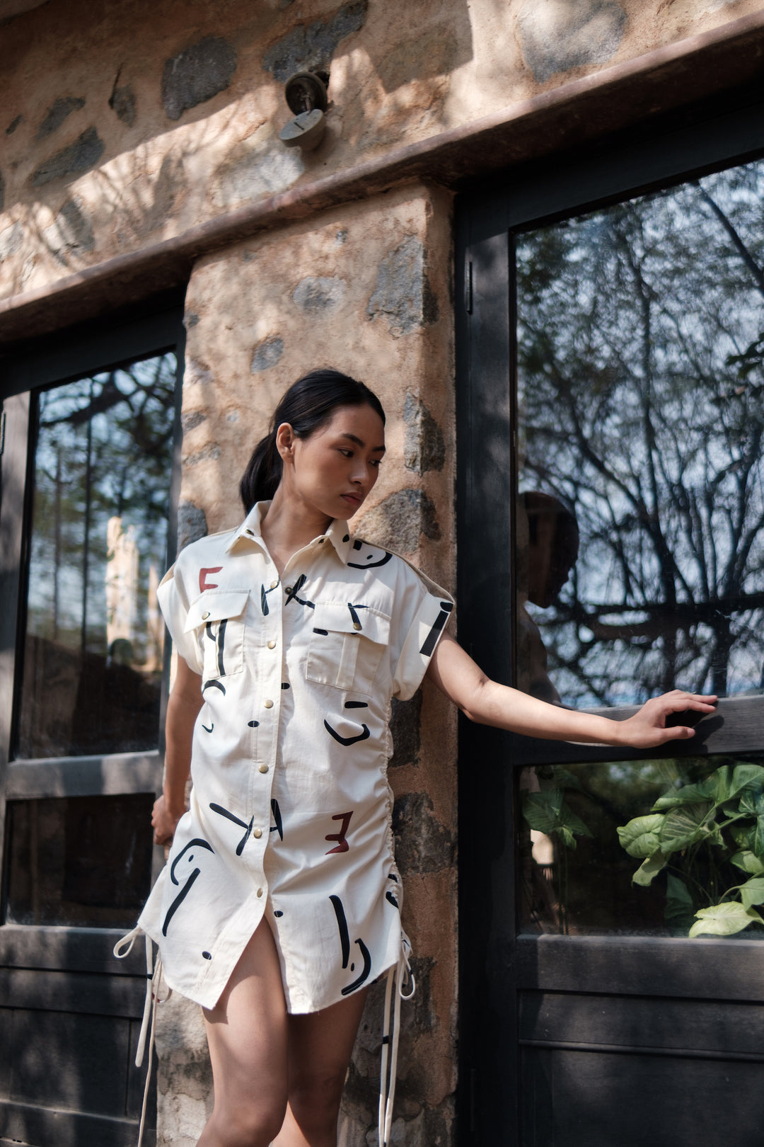 The Terra Tribe Ecru Line Printed Sunrise Gather Shirt