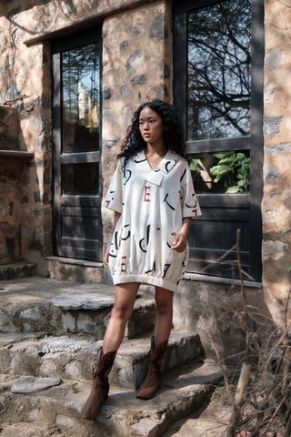 The Terra Tribe Ecru Line Printed Sydney Shift Dress