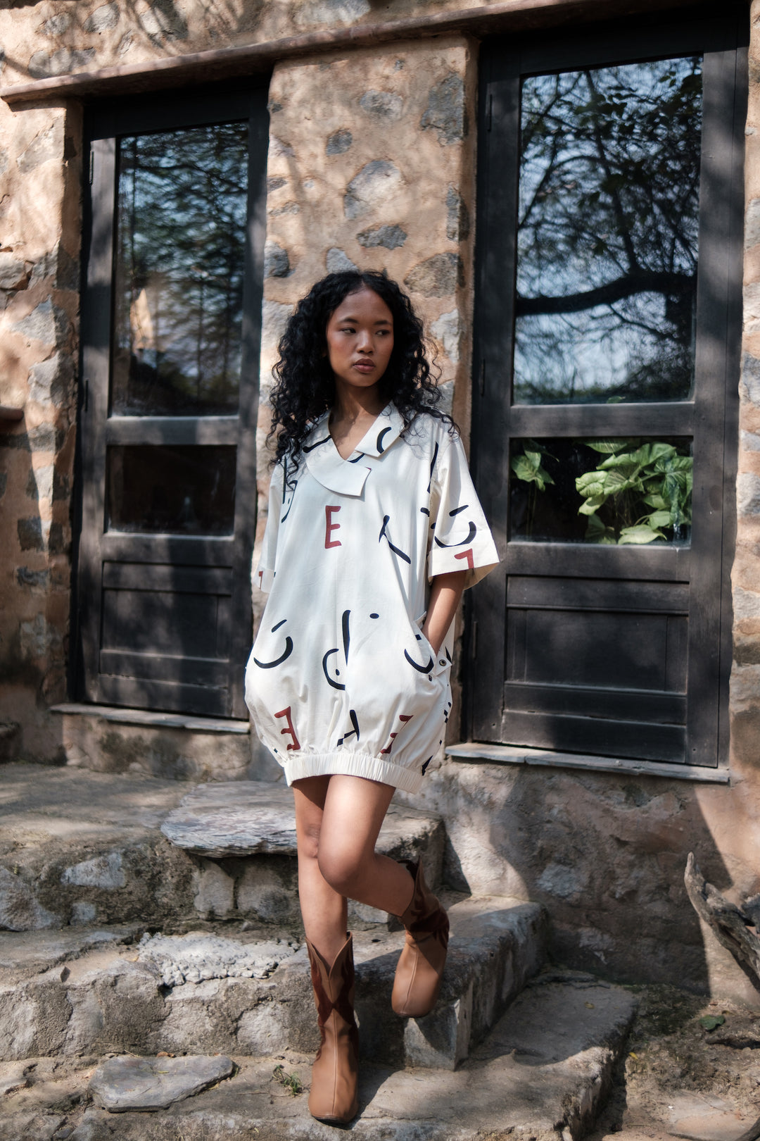 The Terra Tribe Ecru Line Printed Sydney Shift Dress