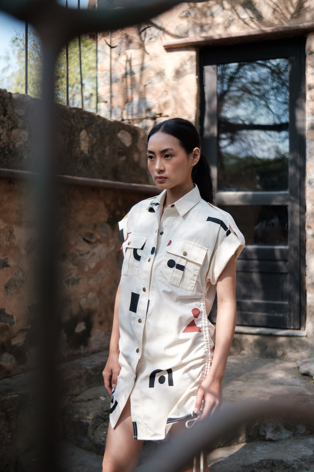 The Terra Tribe Ecru Triangle Printed Sunrise Gather Shirt