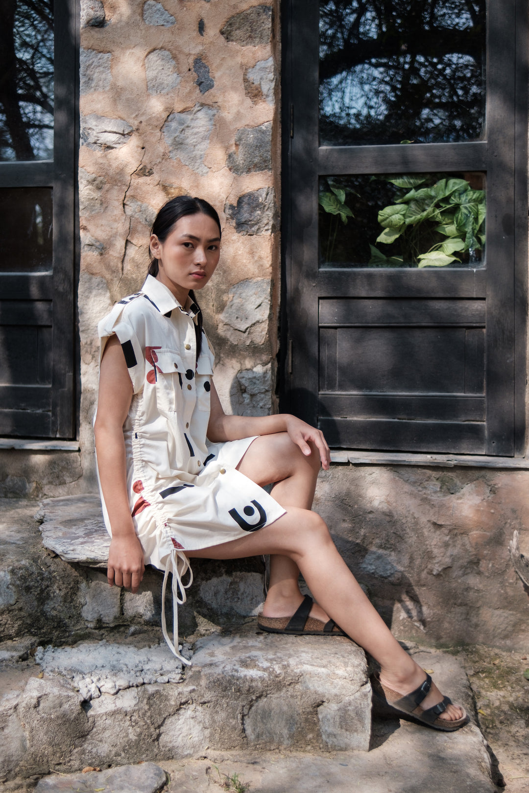 The Terra Tribe Ecru Triangle Printed Sunrise Gather Shirt