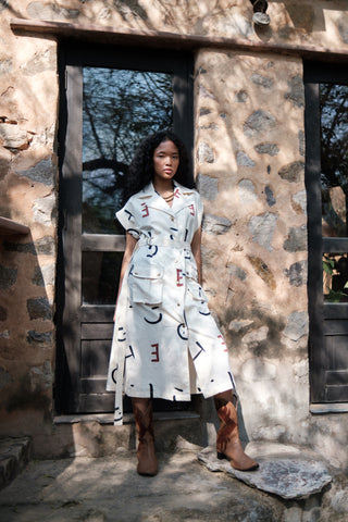 The Terra Tribe Ecru Line Printed Harajuku Trench