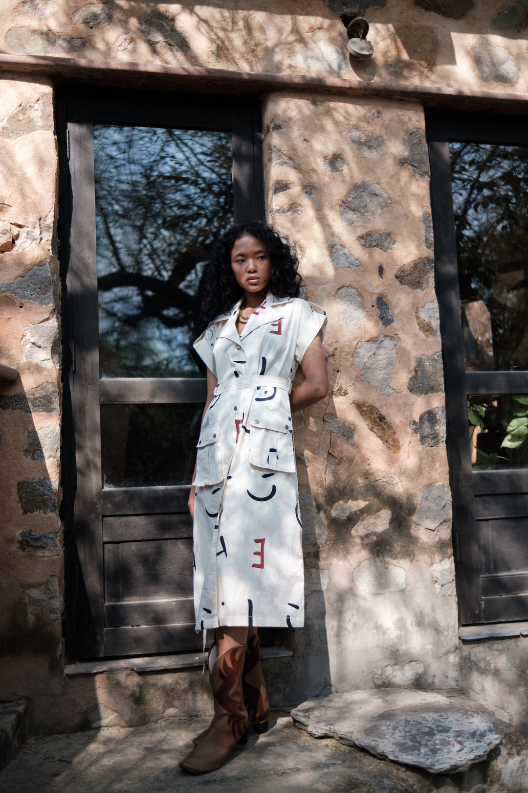 The Terra Tribe Ecru Line Printed Harajuku Trench