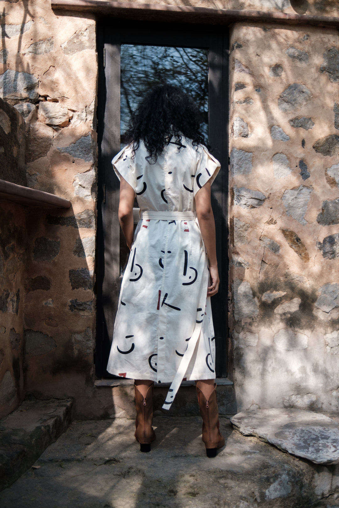 The Terra Tribe Ecru Line Printed Harajuku Trench