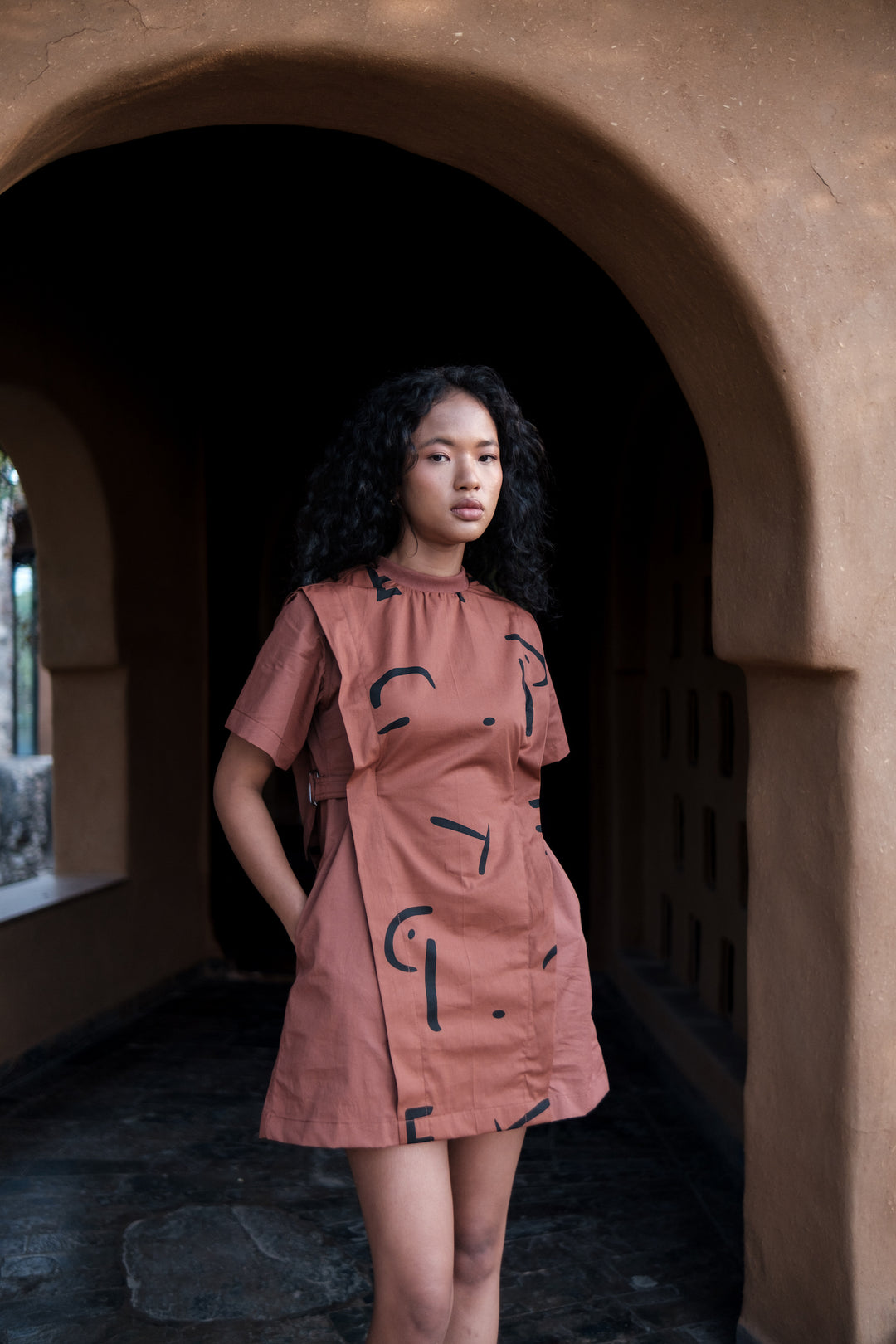 The Terra Tribe Copper Line Printed Rory Rib Dress