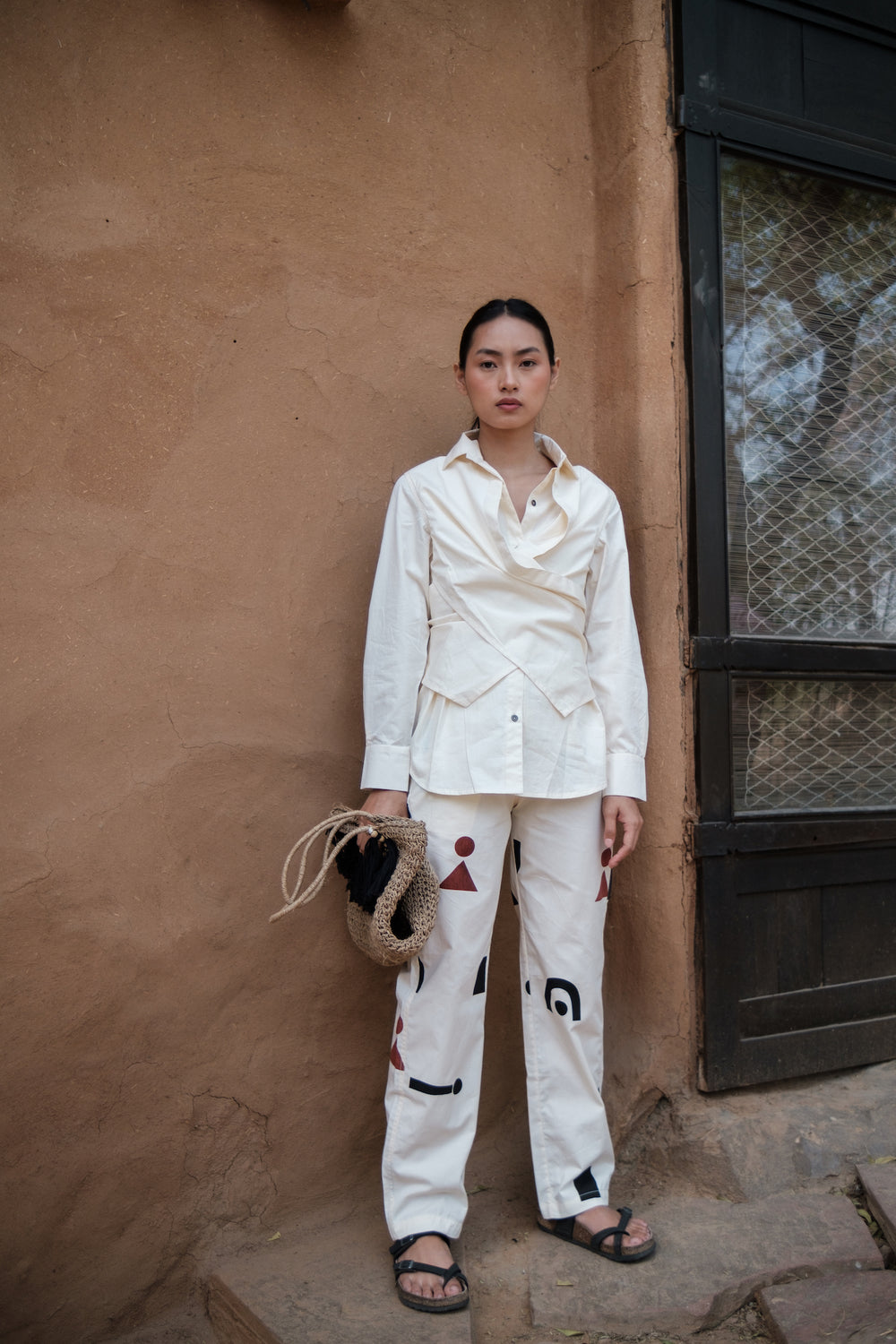 The Terra Tribe Ecru Triangle Printed Sandra Straight Pants