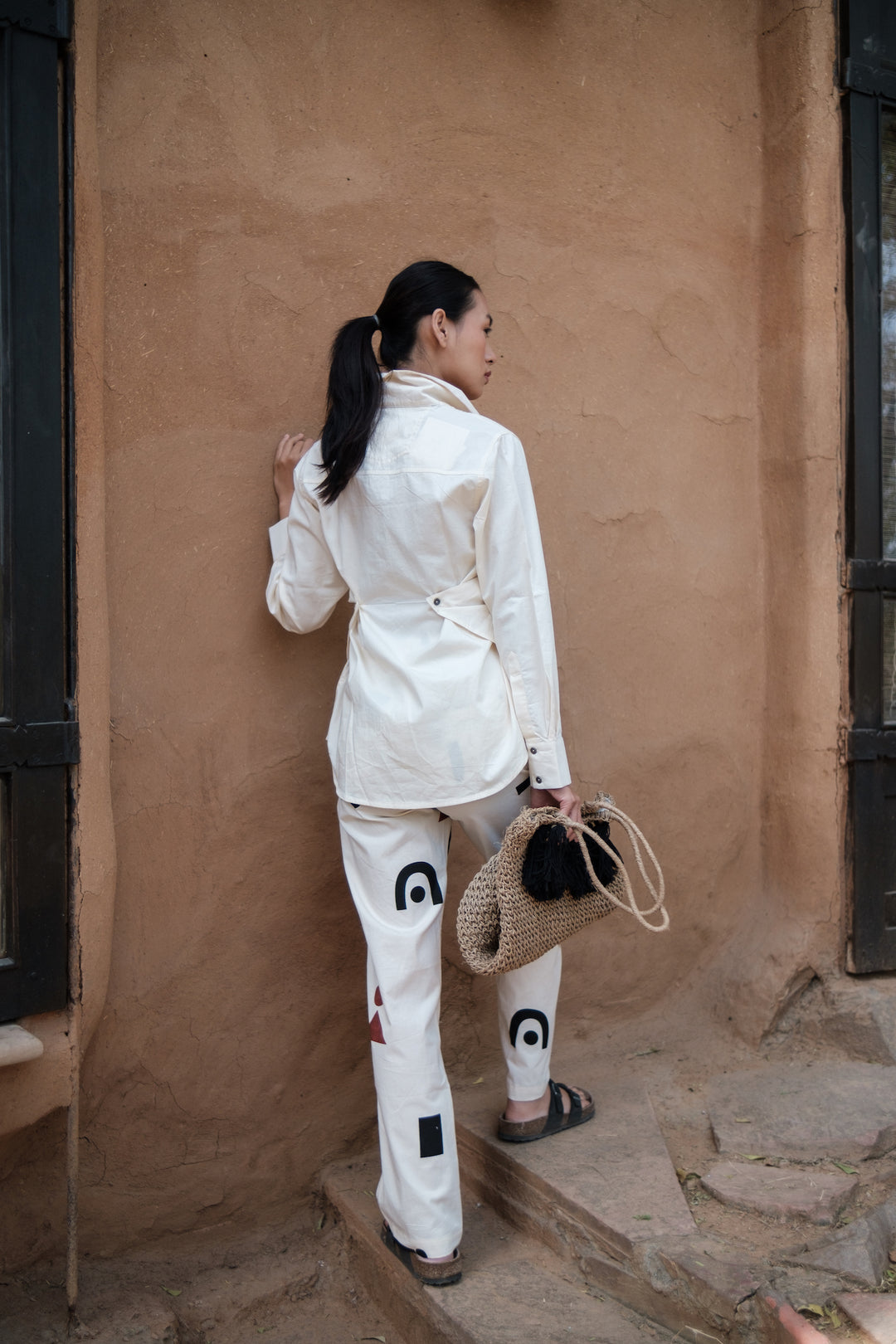 The Terra Tribe Ecru Triangle Printed Sandra Straight Pants