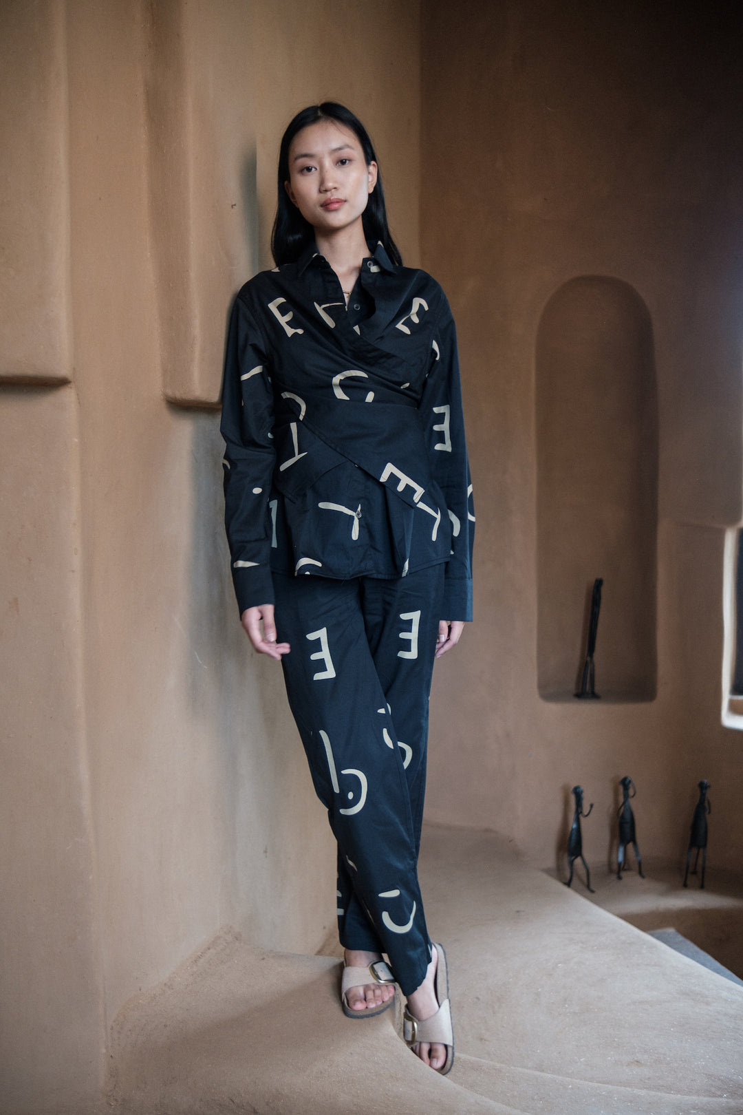 The Terra Tribe Black Line Printed Sandra Straight Pants