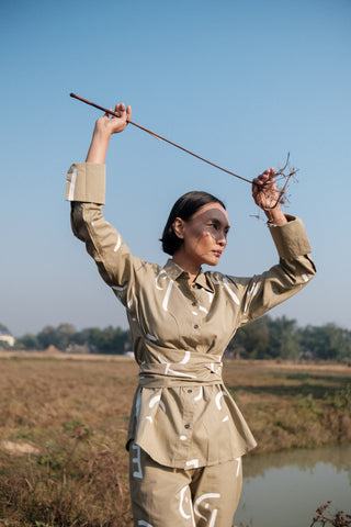 The Terra Tribe Khaki Line Printed Nara Front Knot Shirt