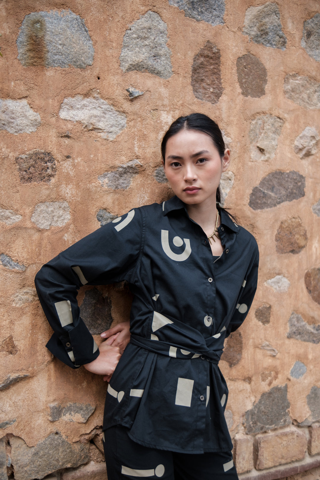 The Terra Tribe Black Triangle Printed Nara Front Knot Shirt