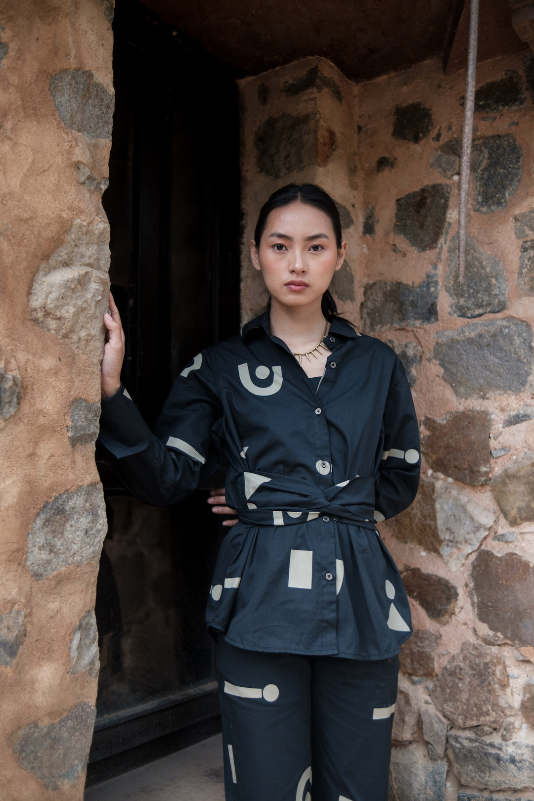 The Terra Tribe Black Triangle Printed Nara Front Knot Shirt