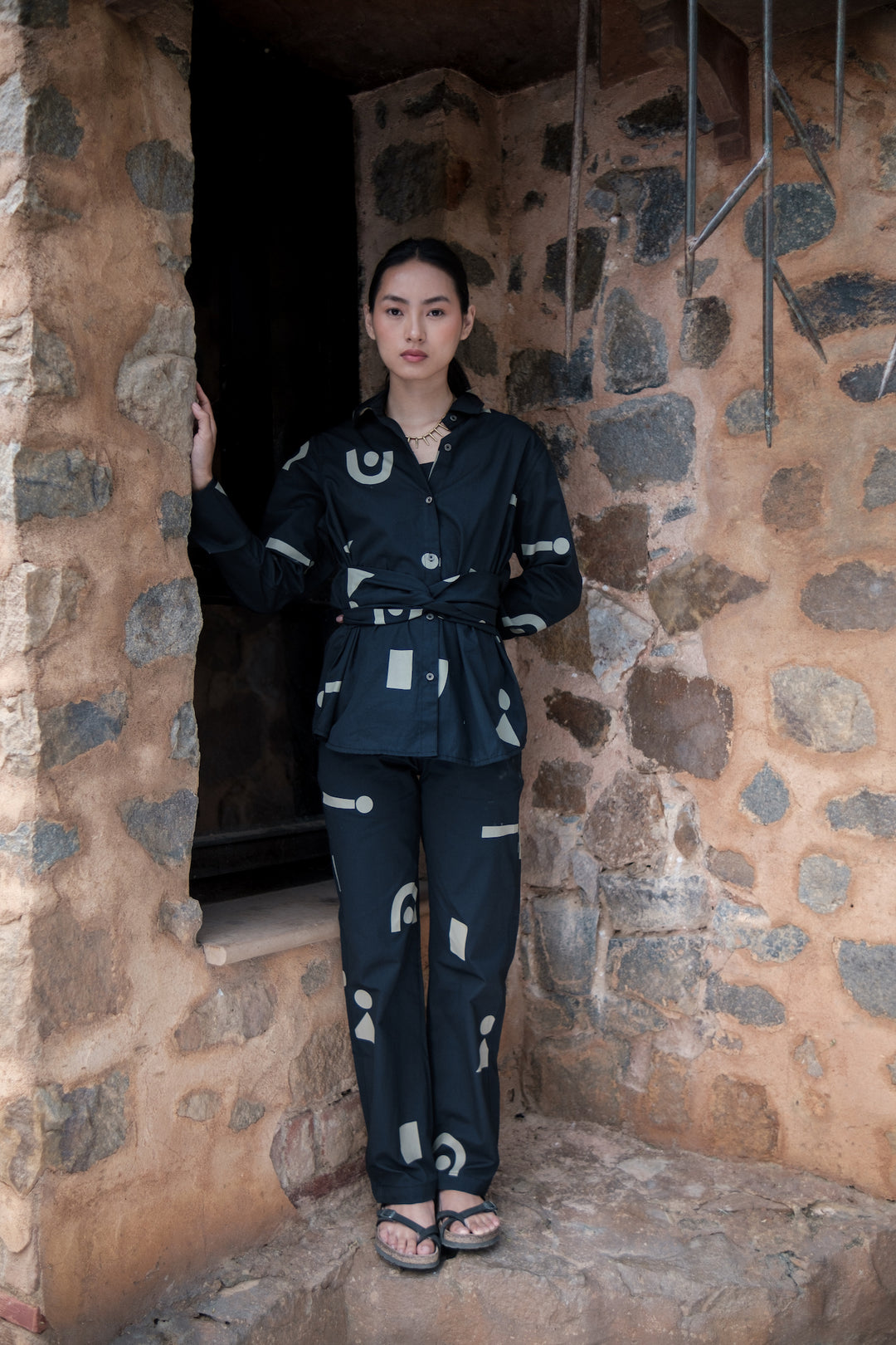 The Terra Tribe Black Triangle Printed Nara Front Knot Shirt