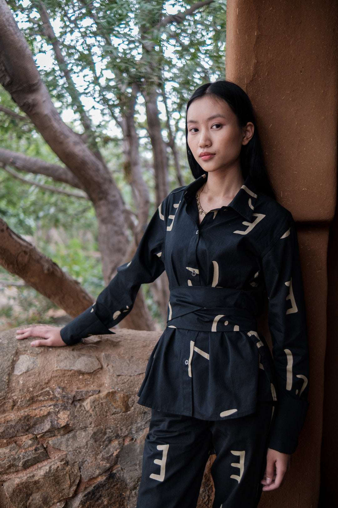 The Terra Tribe Black Line Printed Nara Front Knot Shirt