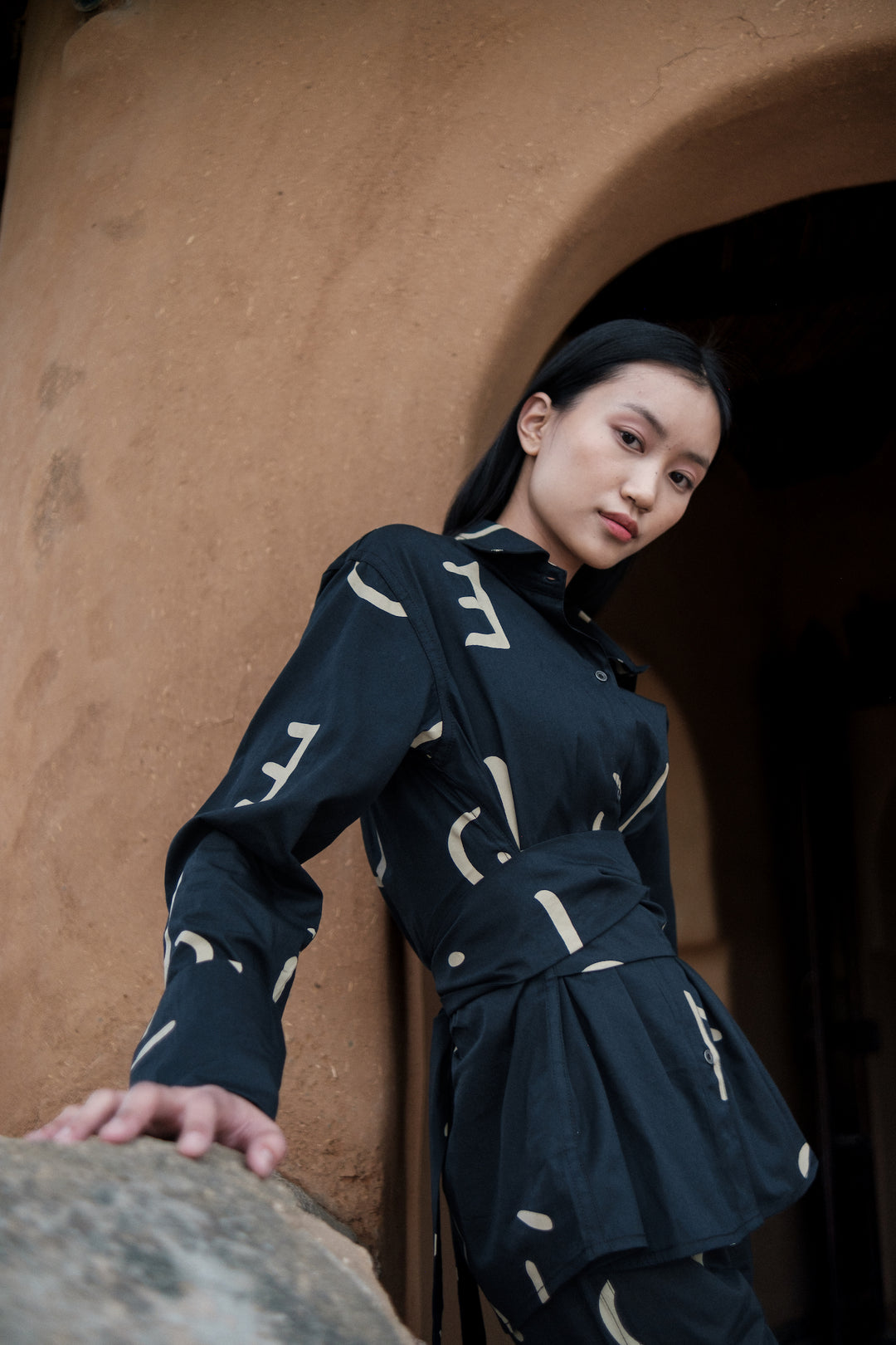 The Terra Tribe Black Line Printed Nara Front Knot Shirt